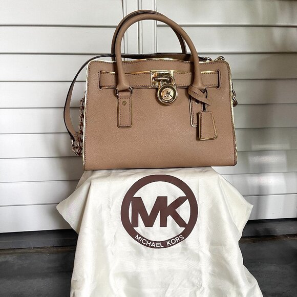 *GREAT CONDITION* Michael Kors Hamilton Saffiano Leather Medium Satchel in Khaki - Picture 2 of 14